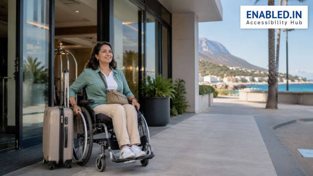 A woman wheelchair user travelling independently outside a step-free coastal hotel.