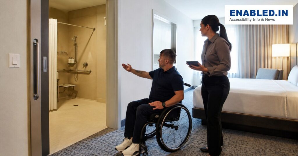 Wheelchair user and hotel staff verifying an accessible bedroom and roll-in shower