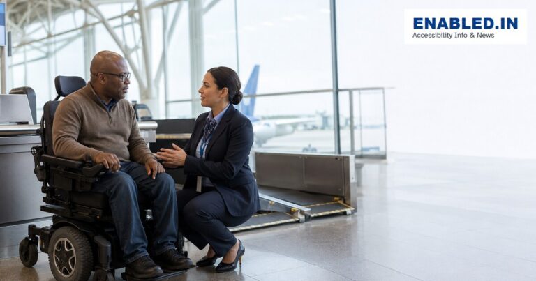 Power wheelchair user discussing safe assistance and mobility-aid handling with airport staff