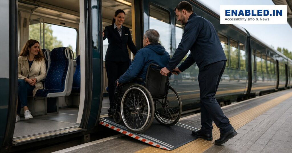 Wheelchair user boarding a train with a platform ramp and staff assistance