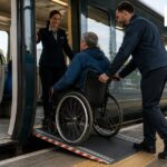 Wheelchair user boarding a train with a platform ramp and staff assistance
