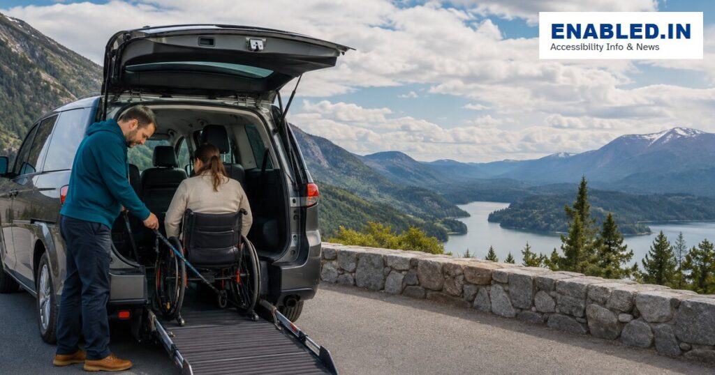 Wheelchair user entering an accessible road-trip van using a secure vehicle ramp