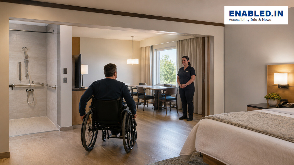 A wheelchair user entering a spacious accessible hotel room with a roll-in shower and respectful staff support.