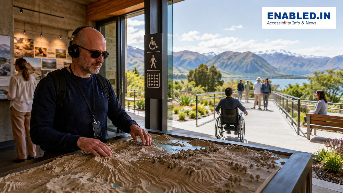 A blind visitor explores a tactile model while a wheelchair user follows an accessible path at a cultural and nature attraction.