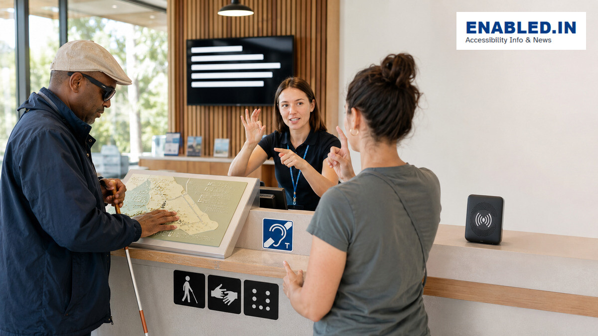 Blind and Deaf travellers receive tourism information through a tactile map, sign language and accessible communication tools.