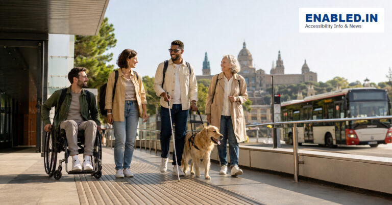 A diverse group of travellers, including a wheelchair user and a blind traveller with a guide dog, independently navigating an accessible tourism destination.