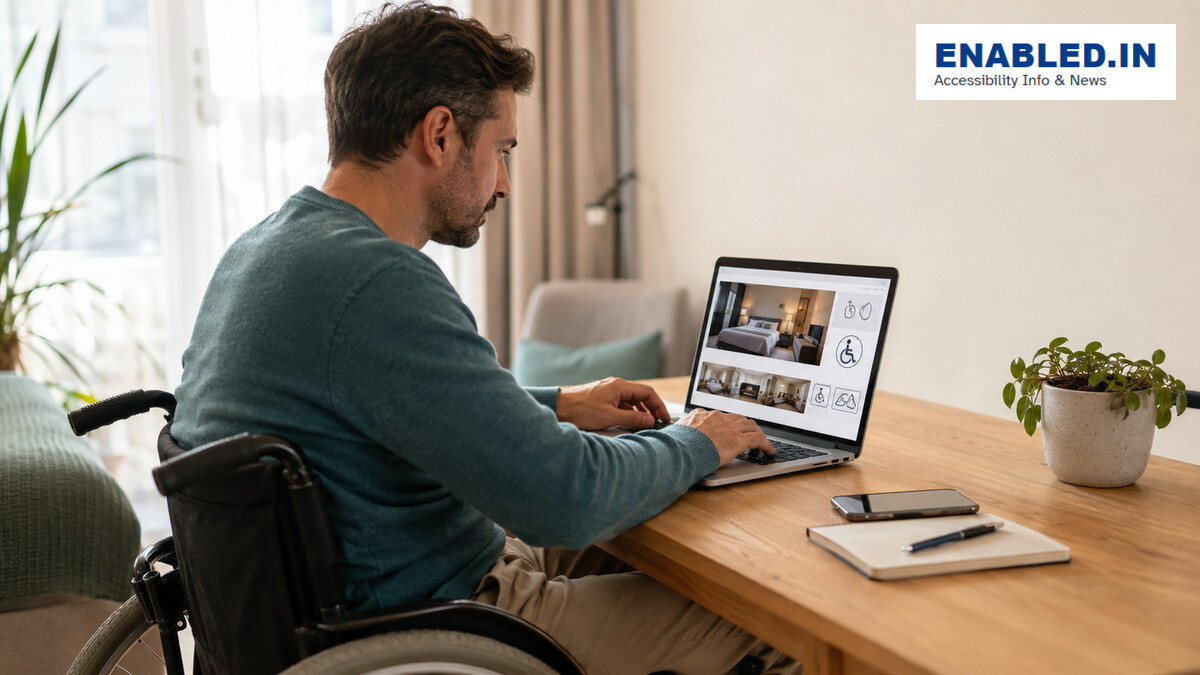 A wheelchair user independently booking an accessible hotel using a laptop with clear accessibility information.