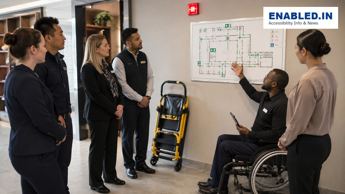 A wheelchair user leads tourism staff through disability-inclusive customer service and emergency evacuation training.