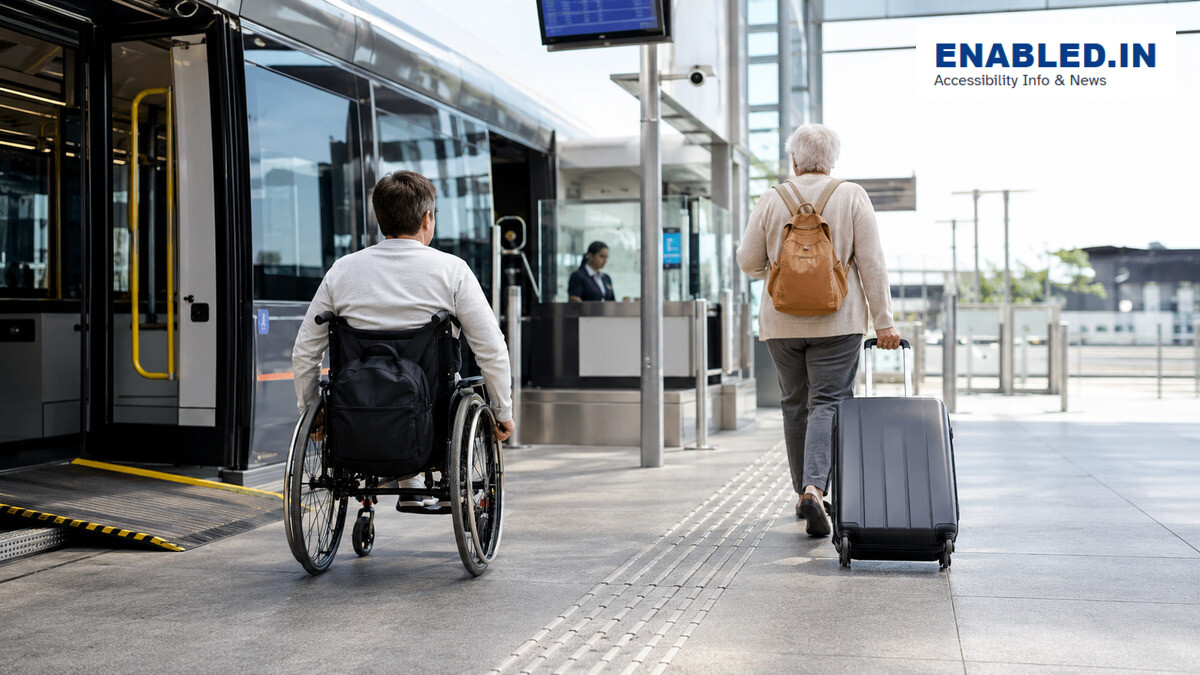 A wheelchair user and an older traveller using a step-free transport terminal with accessible boarding and tactile paving.