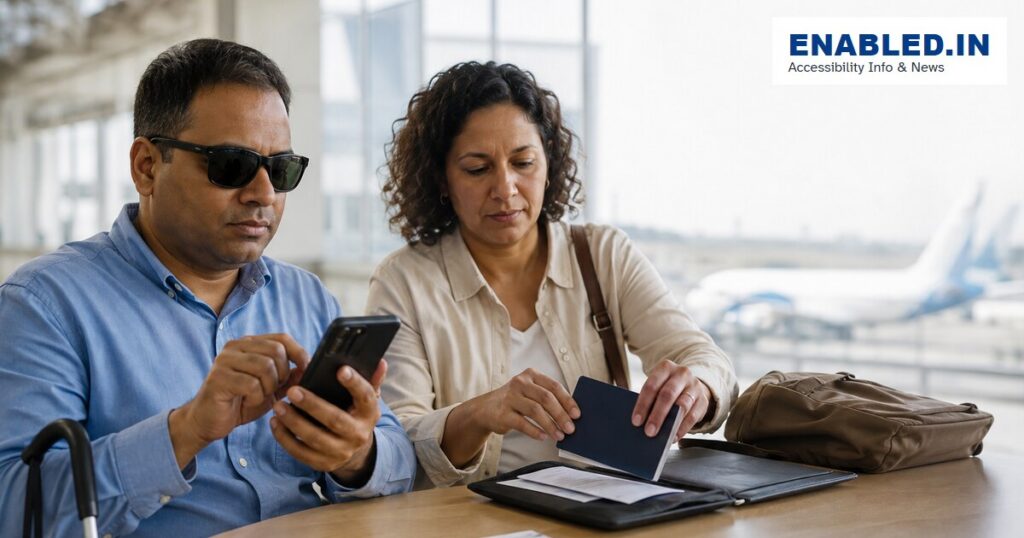 Blind traveller and companion organising accessible travel documents at an airport