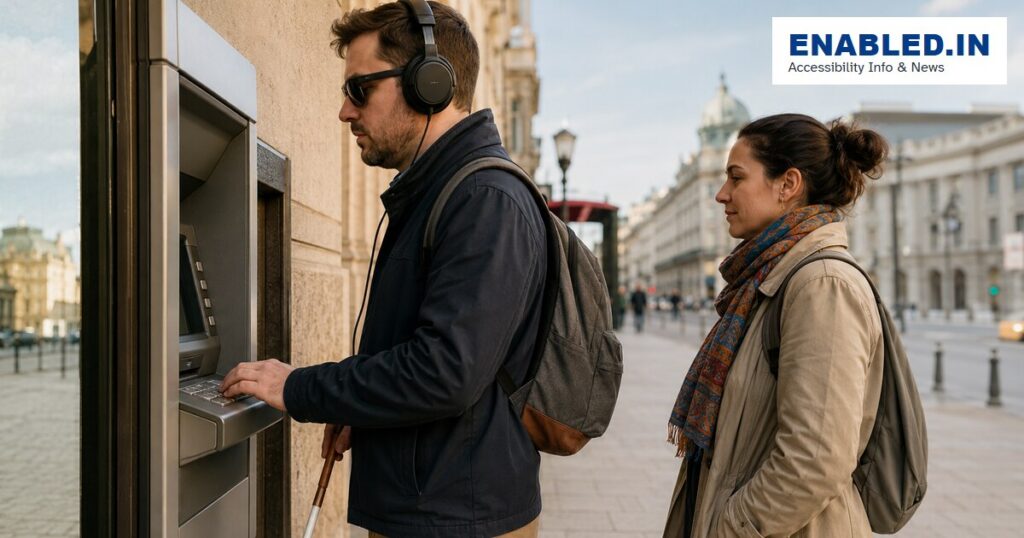 Blind traveller using an accessible ATM with headphones during an international trip