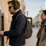 Blind traveller using an accessible ATM with headphones during an international trip