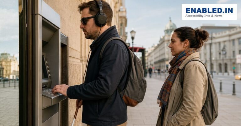 Blind traveller using an accessible ATM with headphones during an international trip