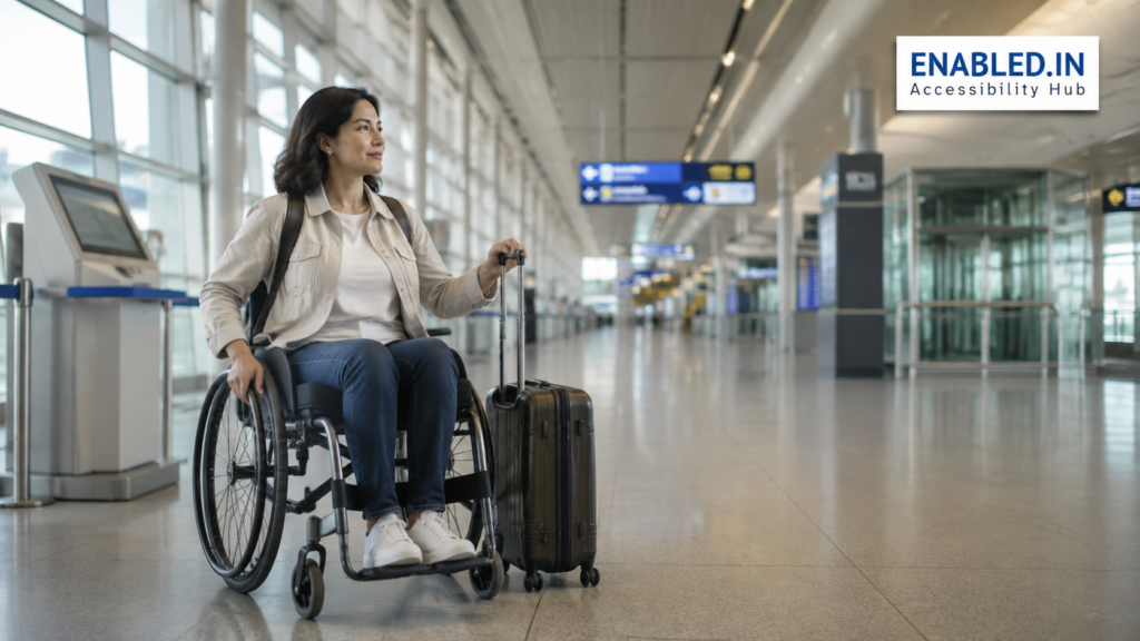 A woman wheelchair user travelling independently through a modern, step-free airport with her suitcase.