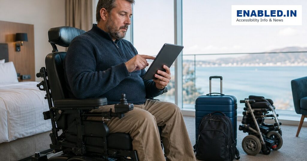 Power wheelchair user comparing travel insurance coverage on a tablet before a trip