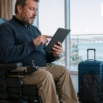 Power wheelchair user comparing travel insurance coverage on a tablet before a trip