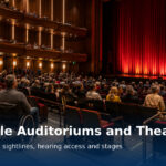 Accessible auditorium and theatre planning guidance showing a 900 mm wide by 1400 mm deep wheelchair space, minimum 900 mm clear access, adjacent companion seating at the same floor level, and comparable unobstructed sightlines.