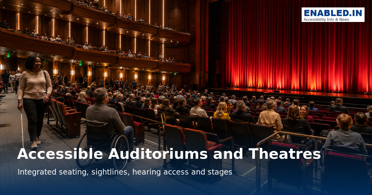 Wheelchair user and white cane user entering an inclusive theatre with integrated wheelchair seating