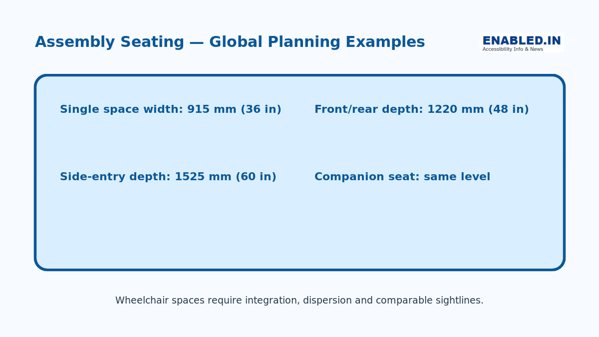 Assembly seating measurement guide showing wheelchair-space width and depth with companion seating