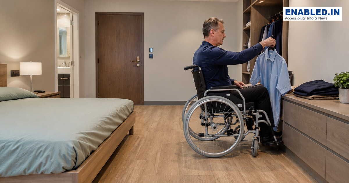Wheelchair user independently using reachable storage in a bedroom with clear transfer and circulation space.