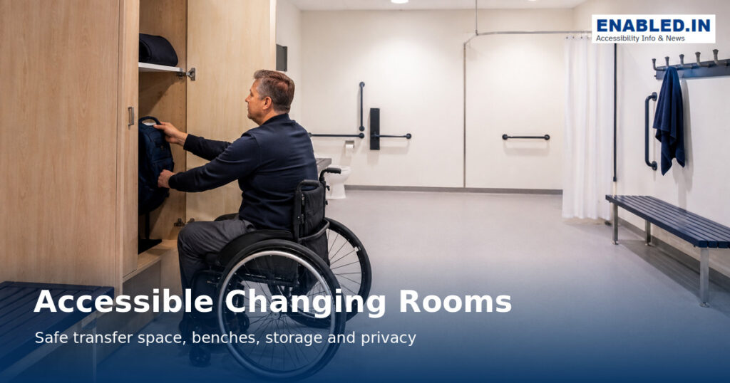 Accessible changing room dimensions showing bench length, depth and height with wheelchair turning space and accessible transfer requirements.