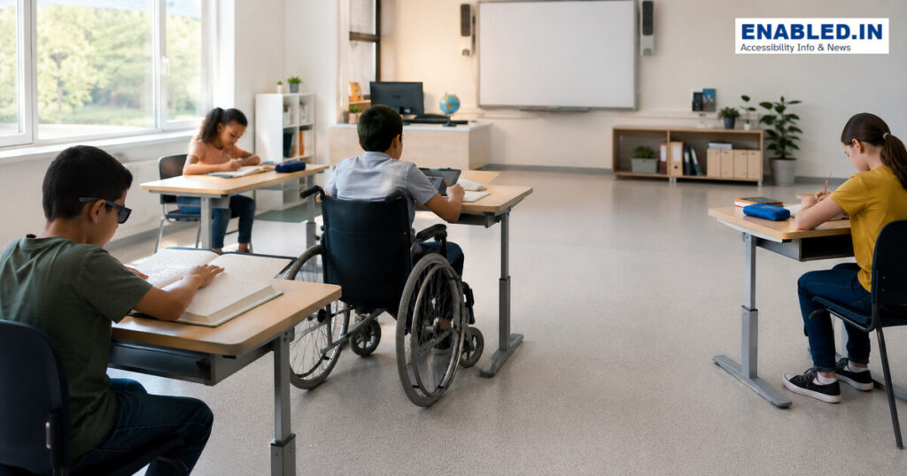 Accessible classroom measurements showing minimum door opening, accessible route width, wheelchair clear floor space, desk and work-surface height, and access to teaching and evacuation routes.