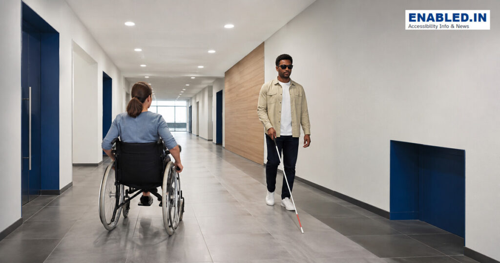 Wheelchair user and person using a white cane travelling through a wide, evenly lit and unobstructed corridor.