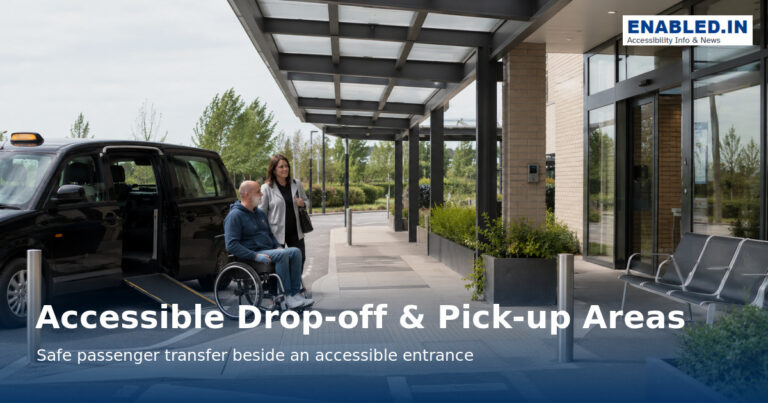Accessible passenger loading zone dimensions showing a 2440 mm minimum pull-up width, 6100 mm minimum length, 1525 mm access aisle, 2895 mm vertical clearance and 1:48 maximum slope.