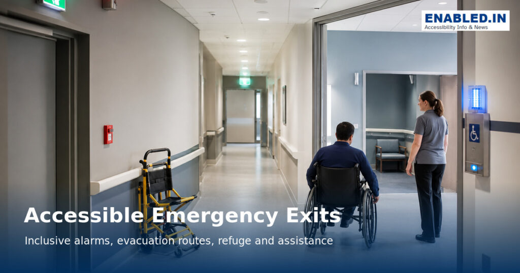 Accessible emergency exit planning guidance showing an 850 mm minimum exit door clear width, 1200 mm minimum accessible egress route, wheelchair refuge space, and visual and audible emergency alarms.