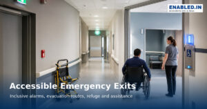 Accessible emergency exit planning guidance showing an 850 mm minimum exit door clear width, 1200 mm minimum accessible egress route, wheelchair refuge space, and visual and audible emergency alarms.