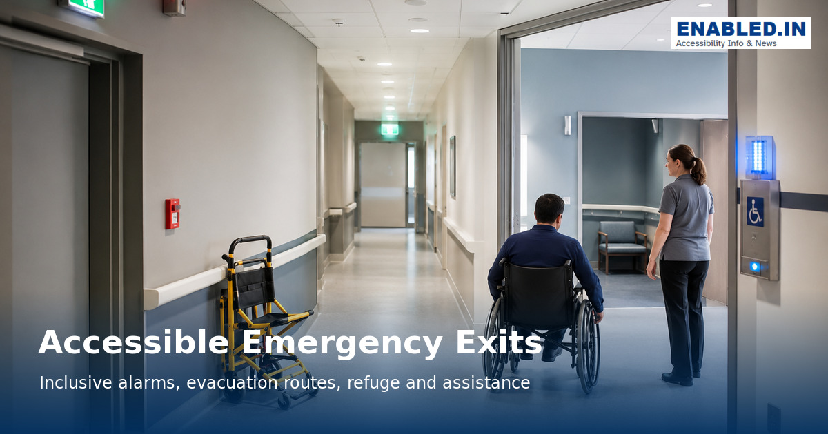 Wheelchair user and staff member following a wide emergency route near visual alarms and evacuation equipment