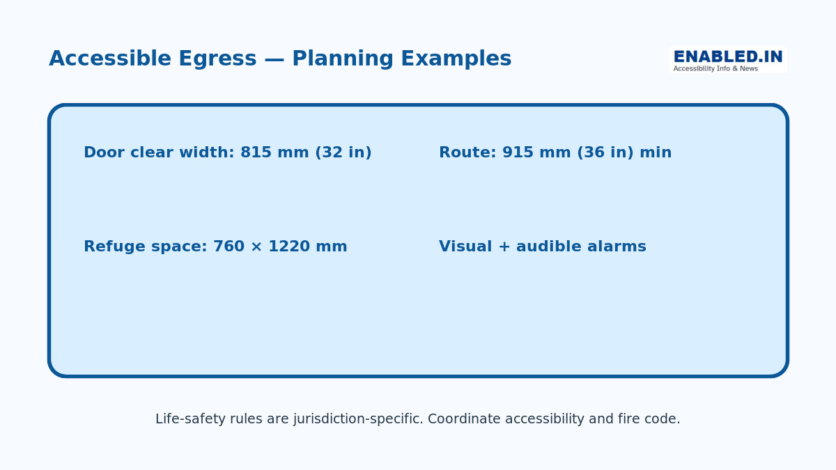 Accessible emergency-egress planning guide showing door, route, refuge-space and alarm examples