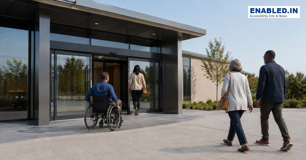 Wheelchair user approaching a level public entrance with wide automatic sliding doors and a clear step-free route.