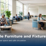 Accessible furniture and fixtures planning guidance showing 900 by 1200 mm minimum clear floor space, 1500 mm minimum wheelchair turning diameter, 730 to 800 mm work-surface planning range, and at least 685 mm high by 480 mm deep knee clearance.