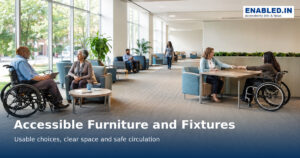 Accessible furniture and fixtures planning guidance showing 900 by 1200 mm minimum clear floor space, 1500 mm minimum wheelchair turning diameter, 730 to 800 mm work-surface planning range, and at least 685 mm high by 480 mm deep knee clearance.