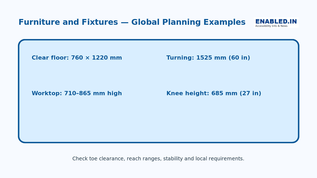 Accessible furniture measurement guide showing clear floor, turning, worktop and knee-clearance examples