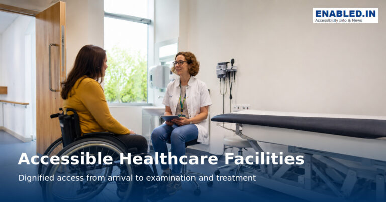 Accessible healthcare facility planning dimensions showing door clear width, accessible route, wheelchair clear floor space and turning space