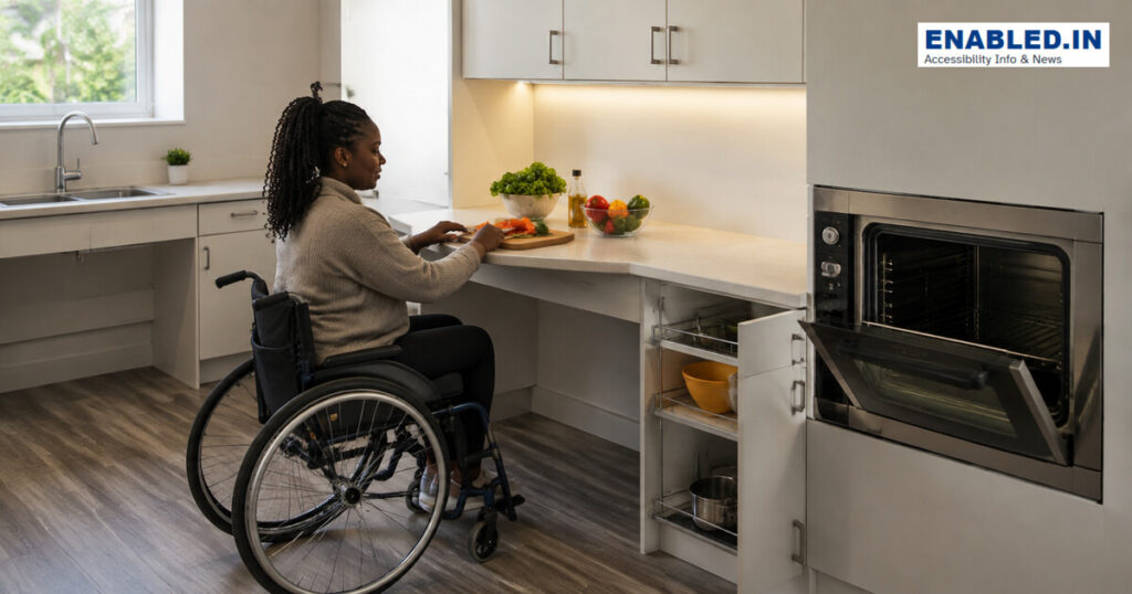 An accessible kitchen supports safe food storage, preparation, cooking, washing and cleaning from seated or standing positions.