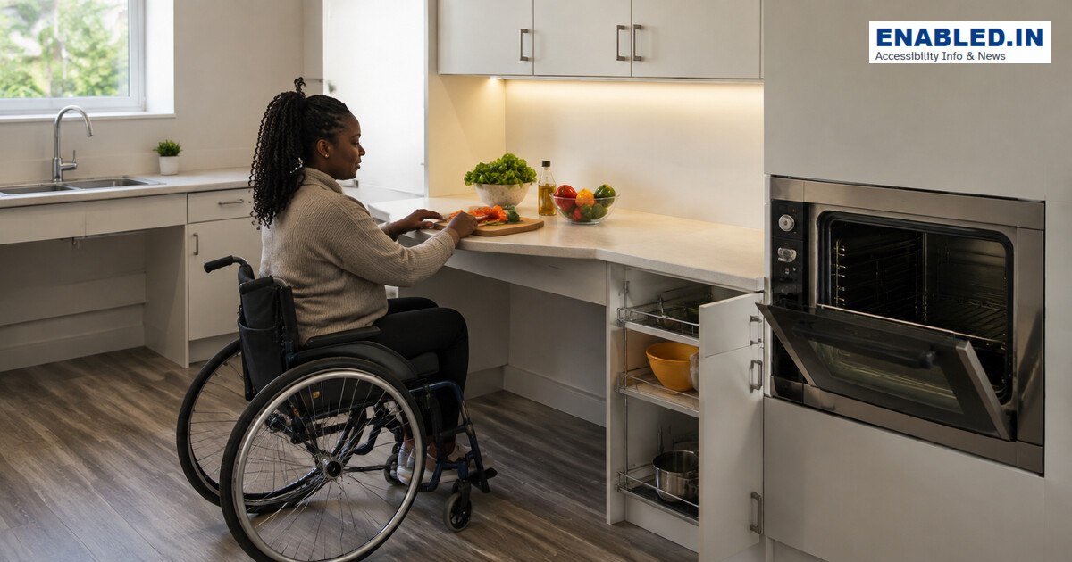 Wheelchair user independently preparing food in a kitchen with knee space, reachable storage and accessible appliances.