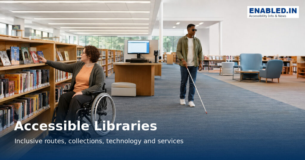 Accessible library planning dimensions showing wheelchair route, clear floor space, turning space and accessible work-surface measurements.