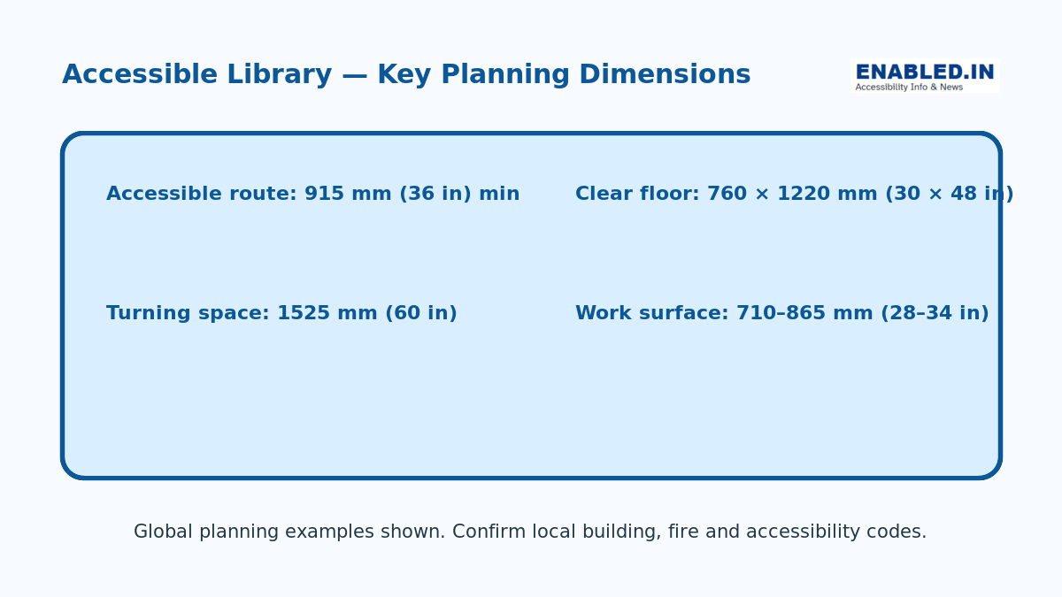 Accessible library measurement guide showing route, clear floor, turning space and work surface dimensions