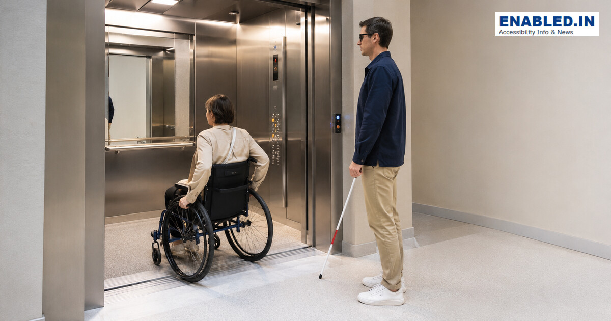 Wheelchair user entering a modern elevator while a person using a white cane waits at the level landing.