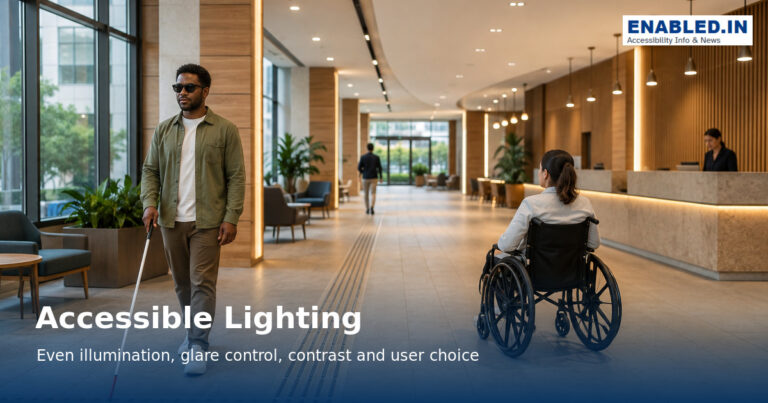 Accessible lighting planning guidance showing a 100 lux indoor baseline, 50 lux outdoor path and 100 lux entrance planning references, glare limits of UGR 22 for circulation and UGR 19 for habitable spaces, Ra above 80 colour rendering, low-glare surfaces and accessible lighting controls.