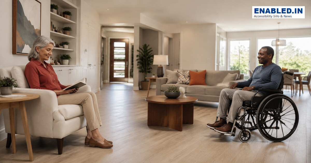 Wheelchair user and older adult relaxing in a living room with wide circulation paths and varied seating.
