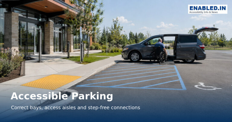 Accessible parking dimensions showing car and van parking bay widths, access aisles, vertical clearance and maximum slope, with guidance to verify applicable accessibility standards.