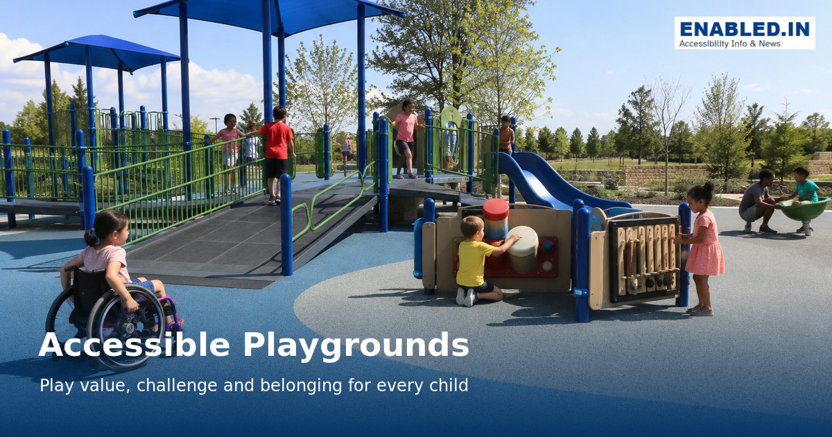 Children with and without disabilities playing together on a ramped playground with sensory activities
