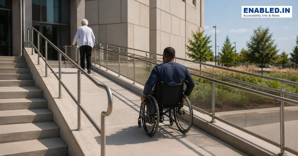 Wheelchair user independently ascending a gently sloped ramp with level landings, handrails and edge protection.