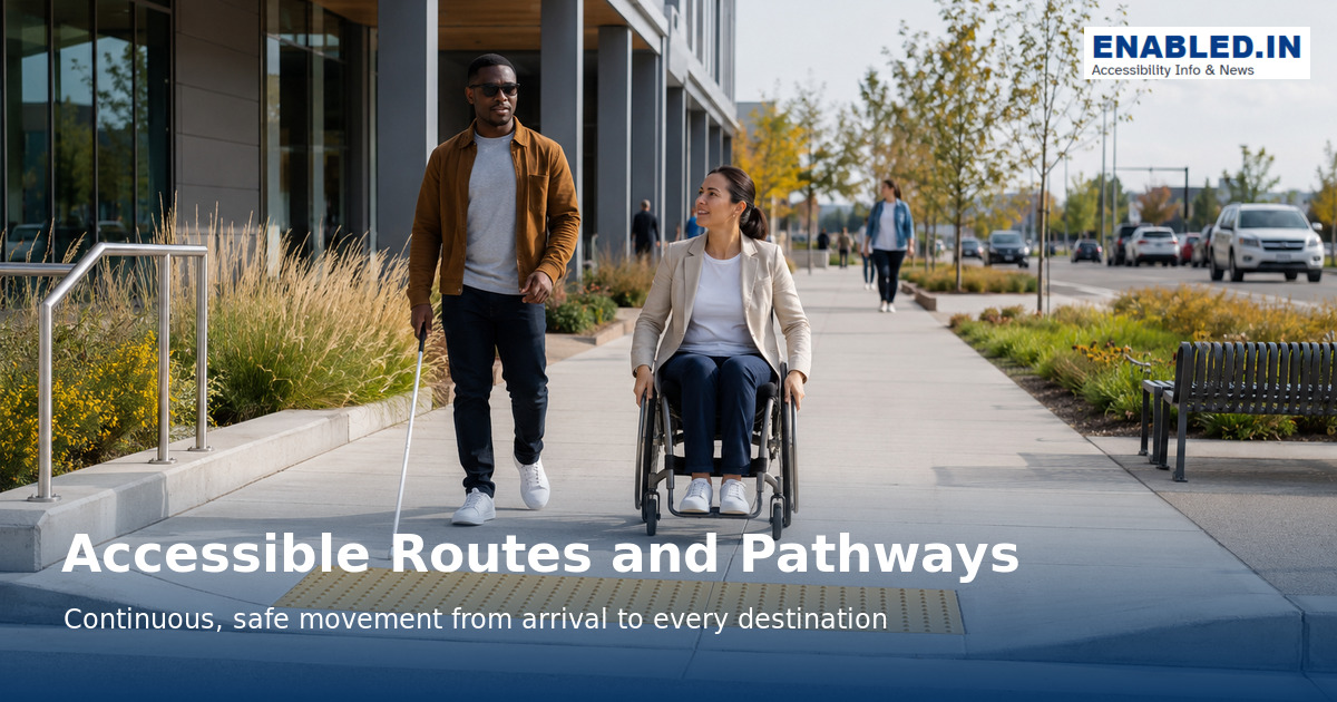 Wheelchair user and white cane user travelling independently along a wide step-free pedestrian route