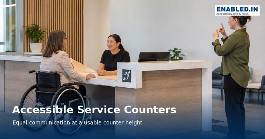 Global accessible service counter guidance showing a preferred counter height of 760 to 850 mm, minimum 900 mm accessible counter length, 900 by 1200 mm clear floor space, and wheelchair knee clearance beneath the counter.