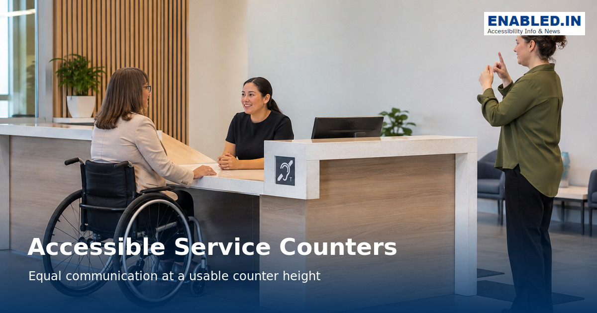 Wheelchair user communicating with staff at a lowered service counter while a sign-language interpreter assists another customer